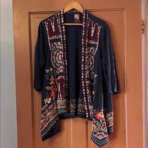 Johnny Was Jersey Embroidered Open Front Navy cardigan